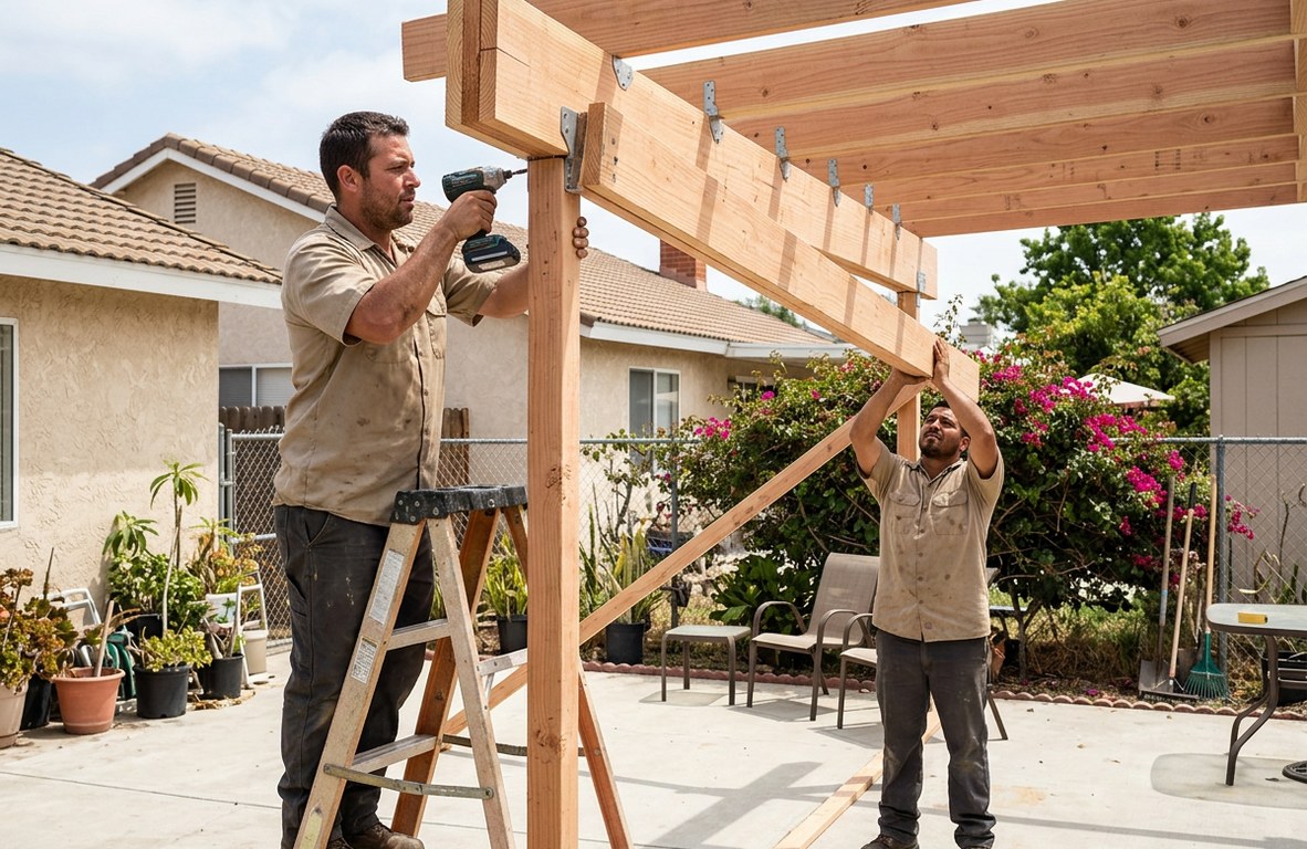 Installer in a tan work shirt securing a beam on a new patio cover in an Oxnard backyard