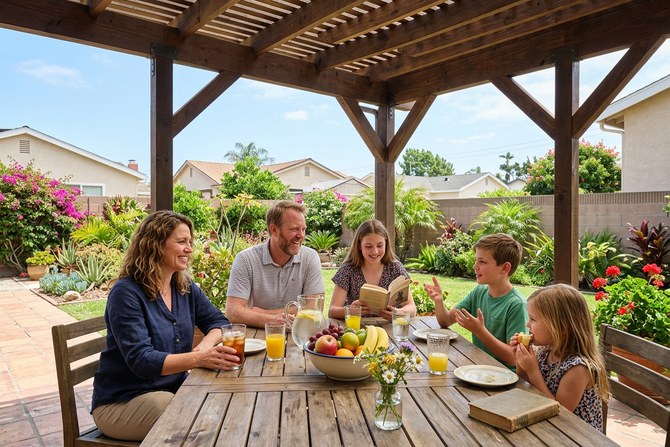 Family relaxing under a new patio cover on a sunny Oxnard afternoon