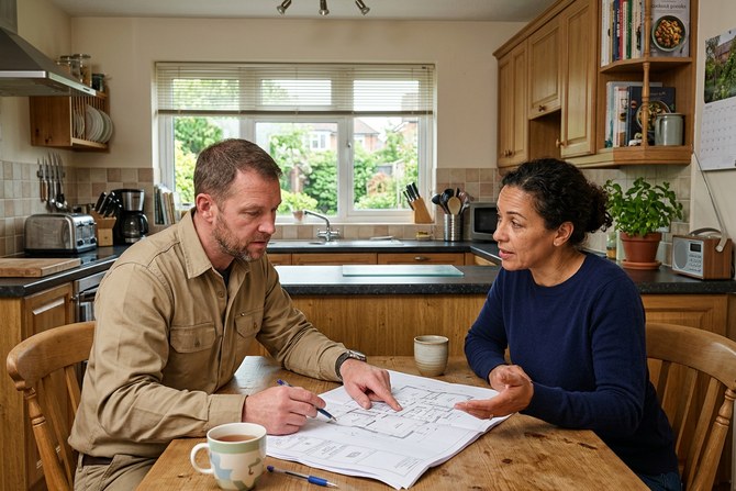 Installer reviewing a permit drawing with a homeowner at a kitchen table