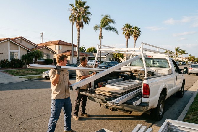 Local patio cover crew loading materials into a truck on an Oxnard street