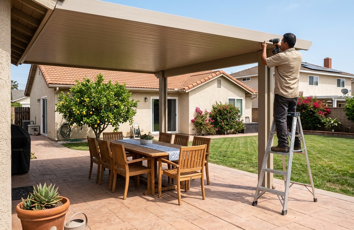 Wide shot of a new patio cover over a backyard dining set in Oxnard