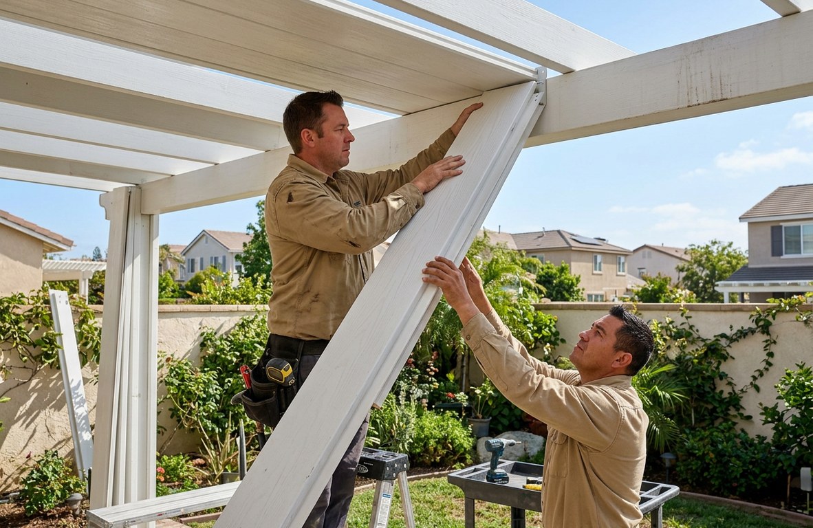 Installer in a tan work shirt fitting an Alumawood panel to a patio cover frame in an Oxnard backyard
