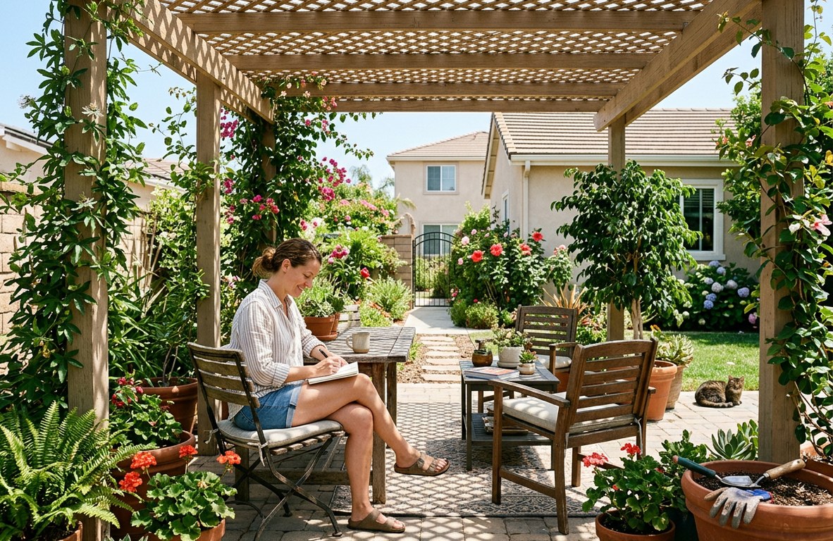 Lattice patio cover casting filtered light over a patio with potted plants in Oxnard