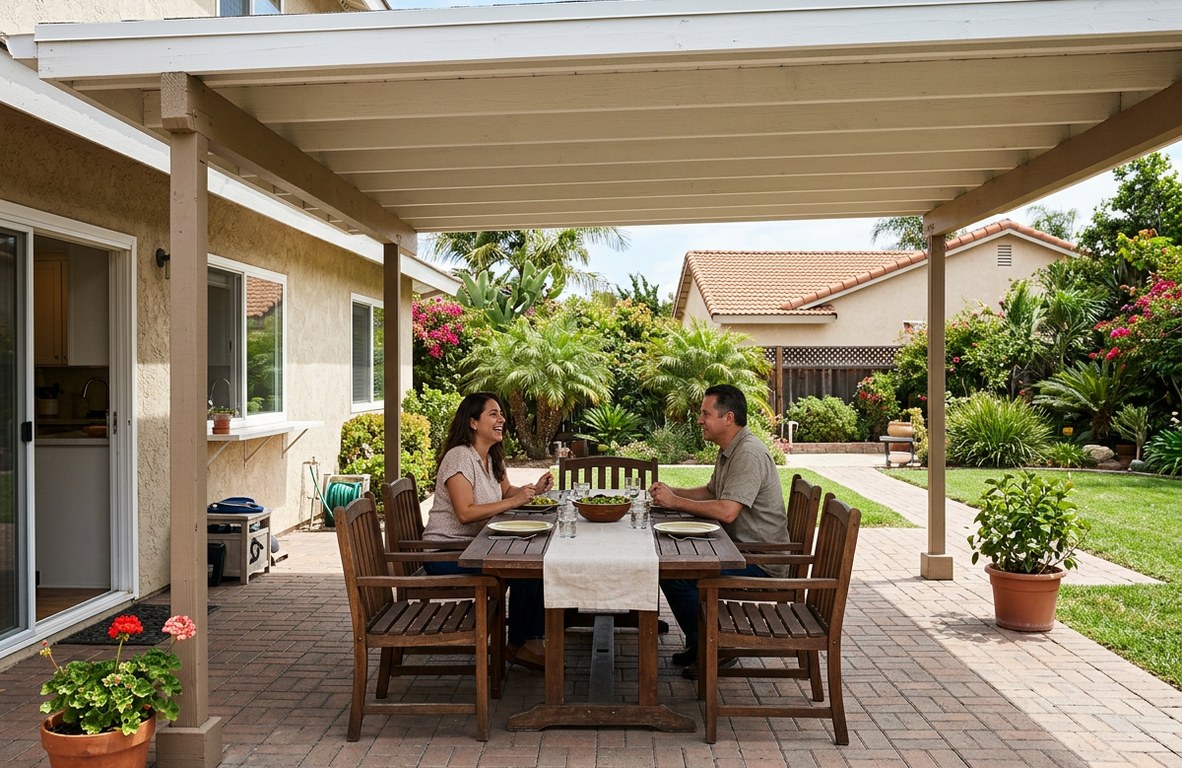 Solid patio cover over a backyard dining area in an Oxnard home