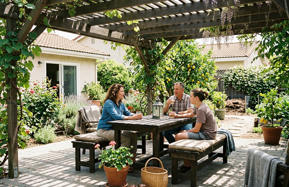 Wooden pergola with climbing vines over a patio in an Oxnard backyard