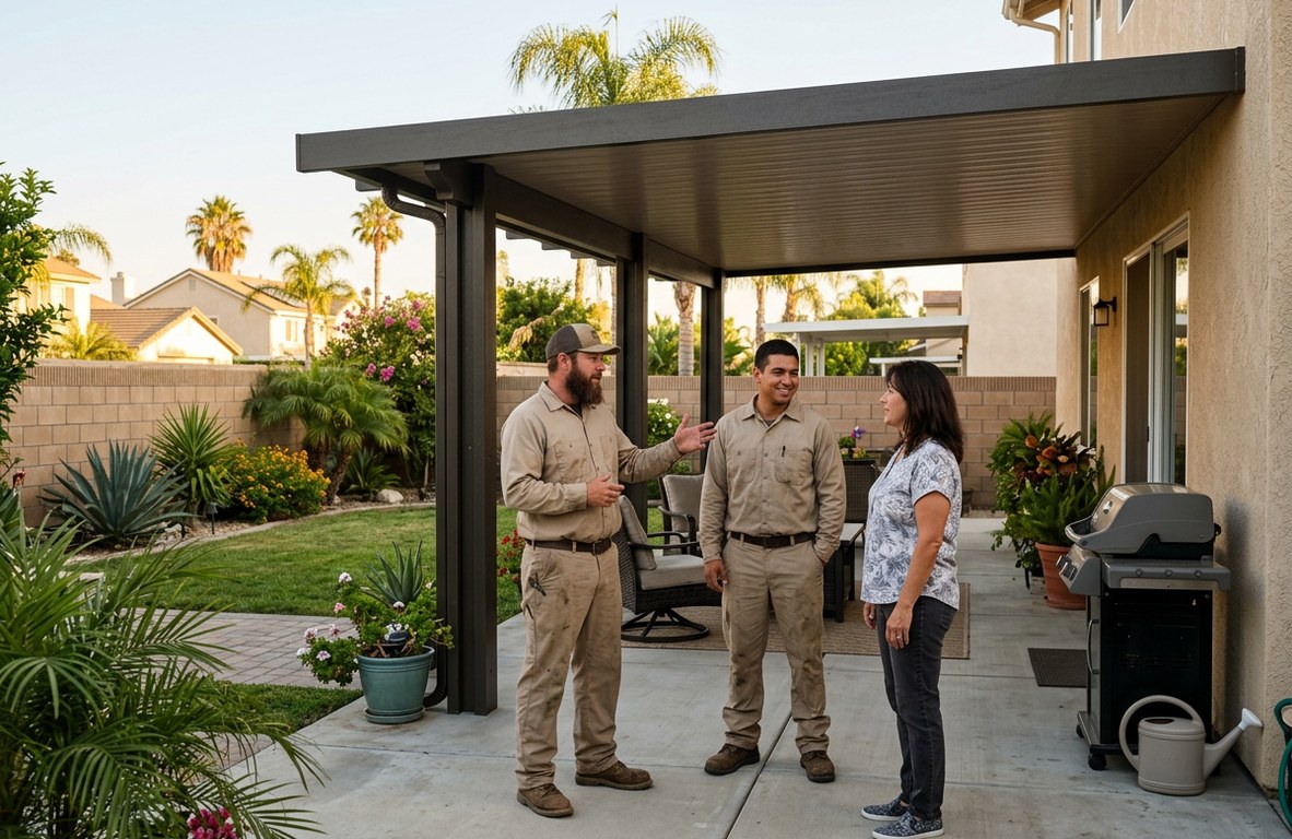 Patio cover crew talking with a homeowner in front of a newly installed cover in Oxnard